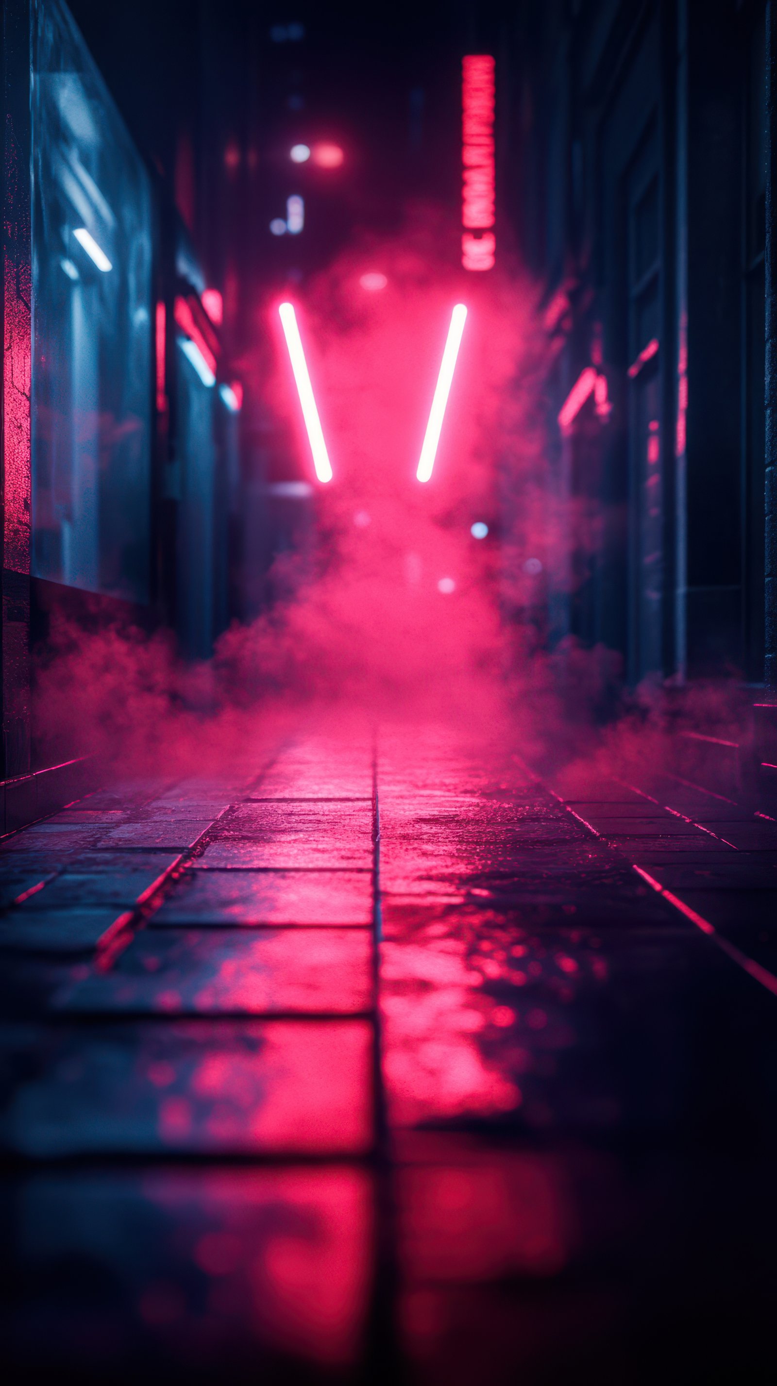 Misty alley with vibrant neon lights creating a moody atmosphere during nighttime in an urban setting